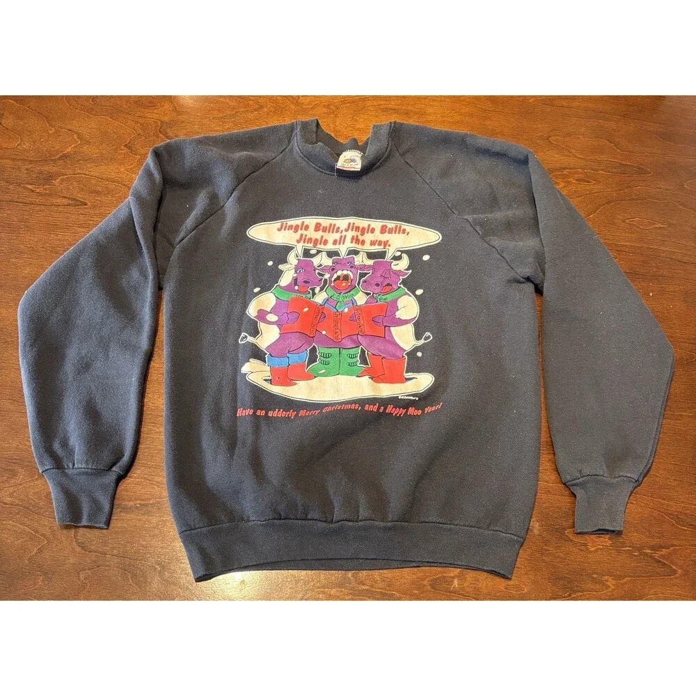 Vintage Fruit Of The Loom Size L Jingle Bulls Christmas Themed Crewneck USA Made
